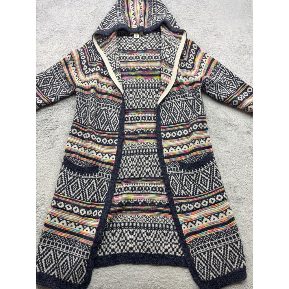 Monteau Los‎ Angeles Womens Navy Fair Isle Geometric Longline Hooded Cardigan M